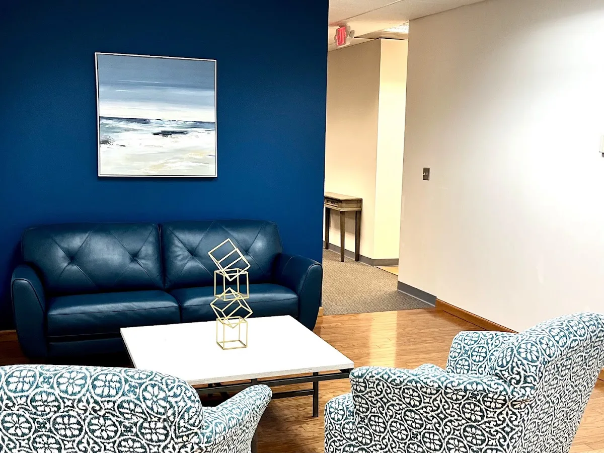 Cozy seating area with blue accents at Blueview Recovery, a detox center in Philadelphia.